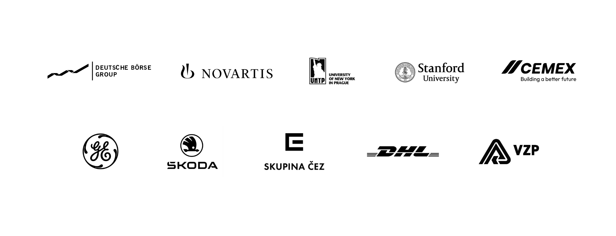 Selected organizations including Deutsche Börse Group, Novartis, UNYP, Stanford University, Cemex, GE, Škoda, ČEZ, DHL, and VZP