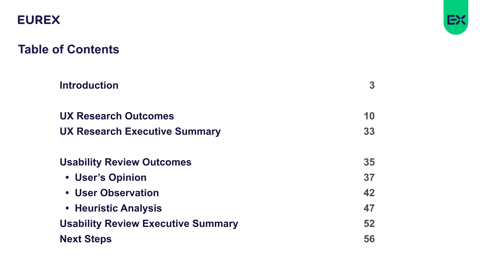 UX Research Outcomes table of contents for Eurex Risk Monitor